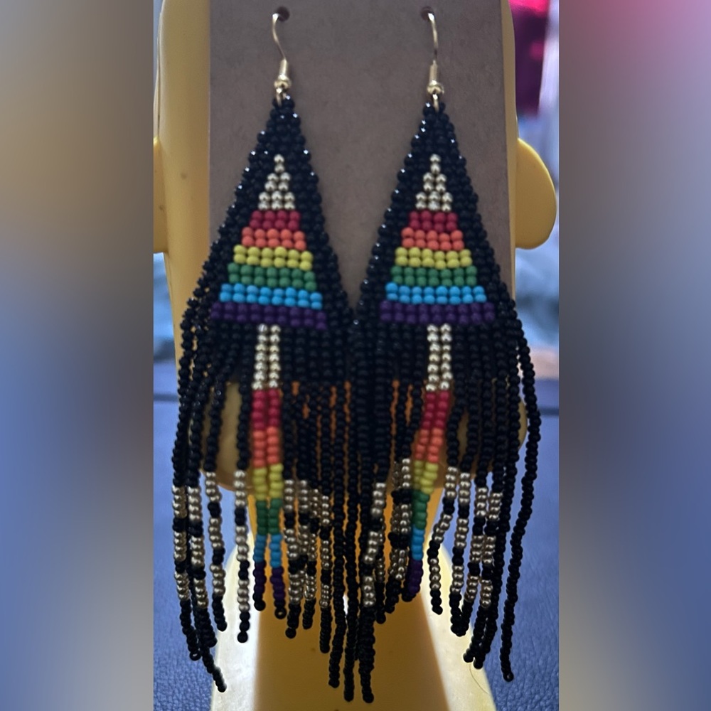 Black and rainbow fringe earrings - Picture 2 of 3